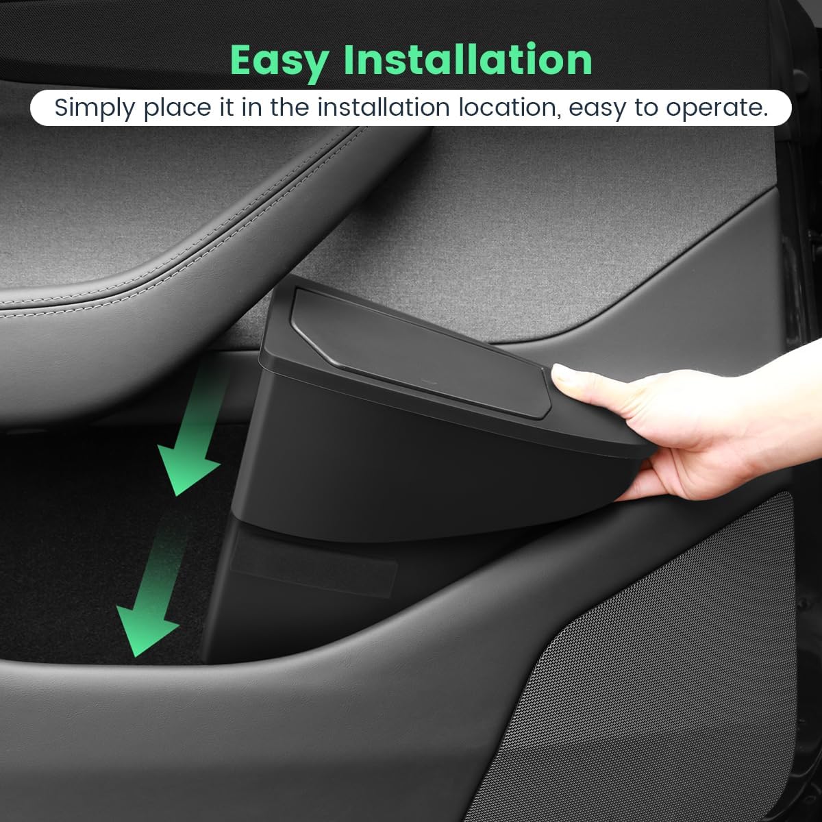 Front Door Storage Organizer Compatible with Tesla Model Y Juniper 2025 2026, 2 PCS Car Trash Can Trash Bin with Push-Open Lid Waterproof Side Door Storage Box - Black