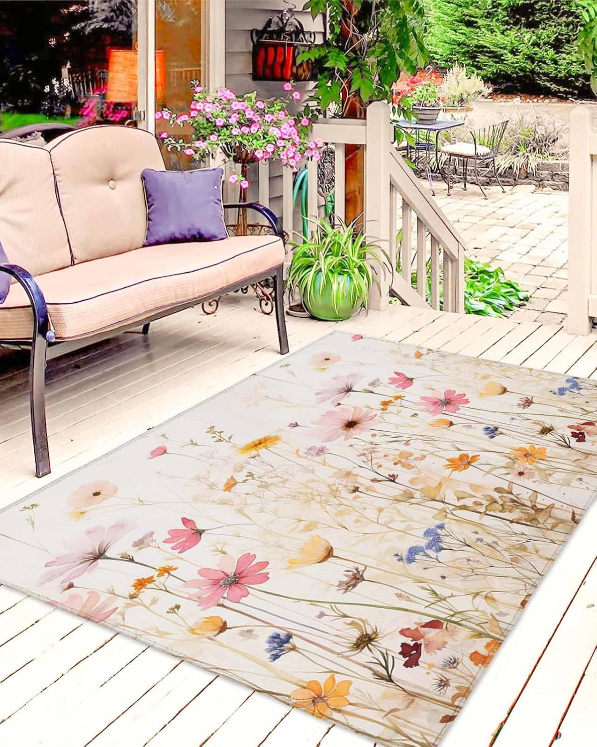 Wildflower Outdoor Area Rug 4'x6',Patio Balcony Porch Front Door Camping Camper RV Deck Runner Rug Carpet Bedroom/Living Room/Bathroom/Kitchen,Hallway Floor Mat Romantic Vintage Botanical Plant Herb