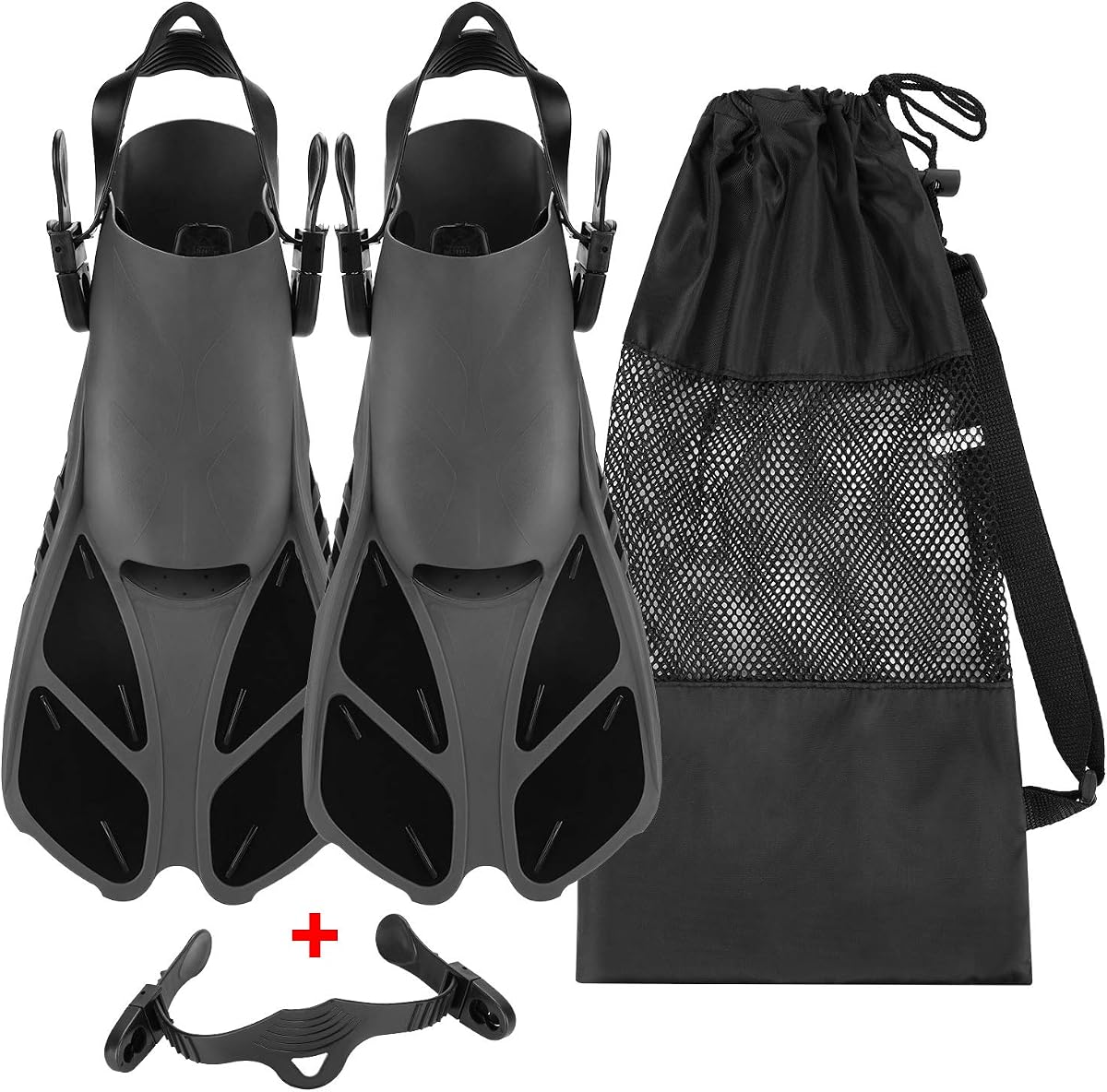 Snorkel Fins, Travel Size Adjustable Strap Diving Flippers with Mesh Bag and Extra Buckle Connector for Men Women Snorkeling Diving Swimming