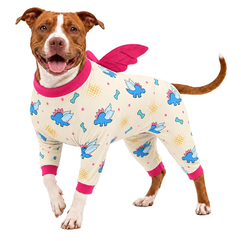 LovinPet Dog Pajamas, Warm 4-Leg Base Layer Under Coats, Pink Stego Dino, M