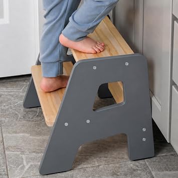 2-Step Wooden Toddler Step Stool for Bathroom Sink & Kitchen Use - Gray