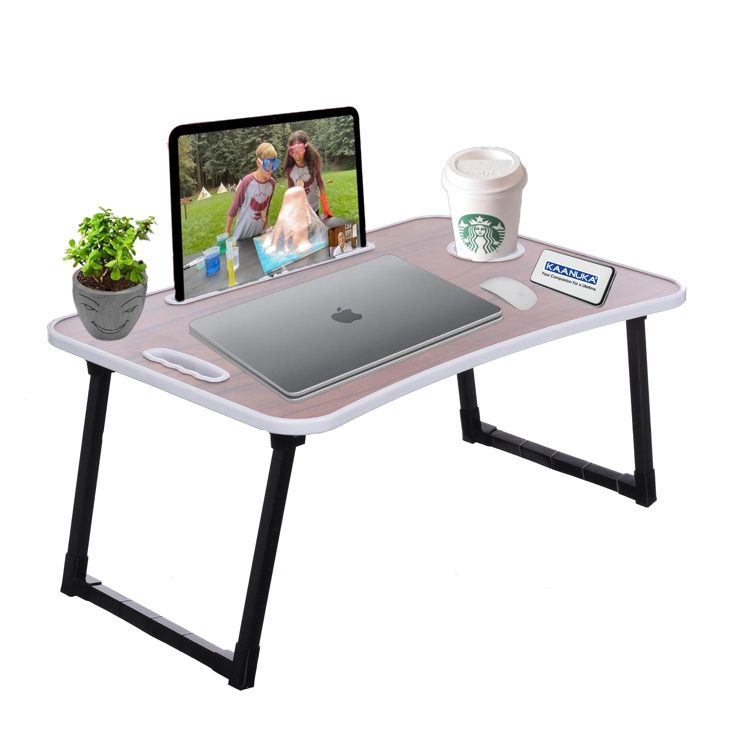 Kaanuka Foldable Laptop Table with Cup Holder I Tablet/Mobile Holder I Study Table I Breakfast Table, Multipurpose Round Edges for Home & Office Use (Brown)