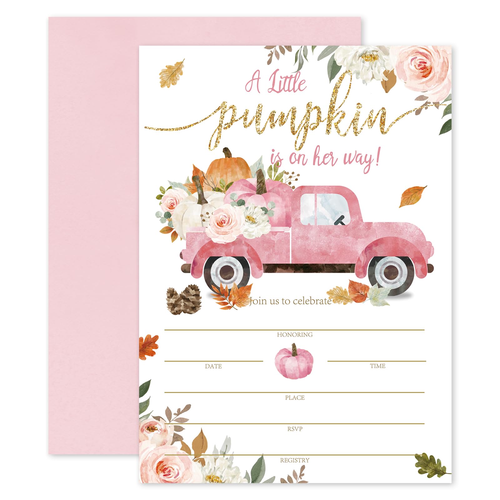 Whaline Fall Baby Shower Invitations 25 Sets Pink Autumn Pumpkin Floral Truck Invitation Cards with Envelopes Stickers Watercolor Blank Invites for Wedding Thanksgiving Harvest, 5 x 7 Inch