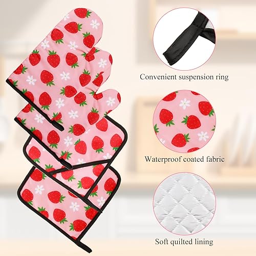 Miniatura 3 de Juego de 4 manoplas de horno de fresas PSC, decoración de accesorios de cocina de fresa, resistentes al calor para cocinar, hornear, asar a la