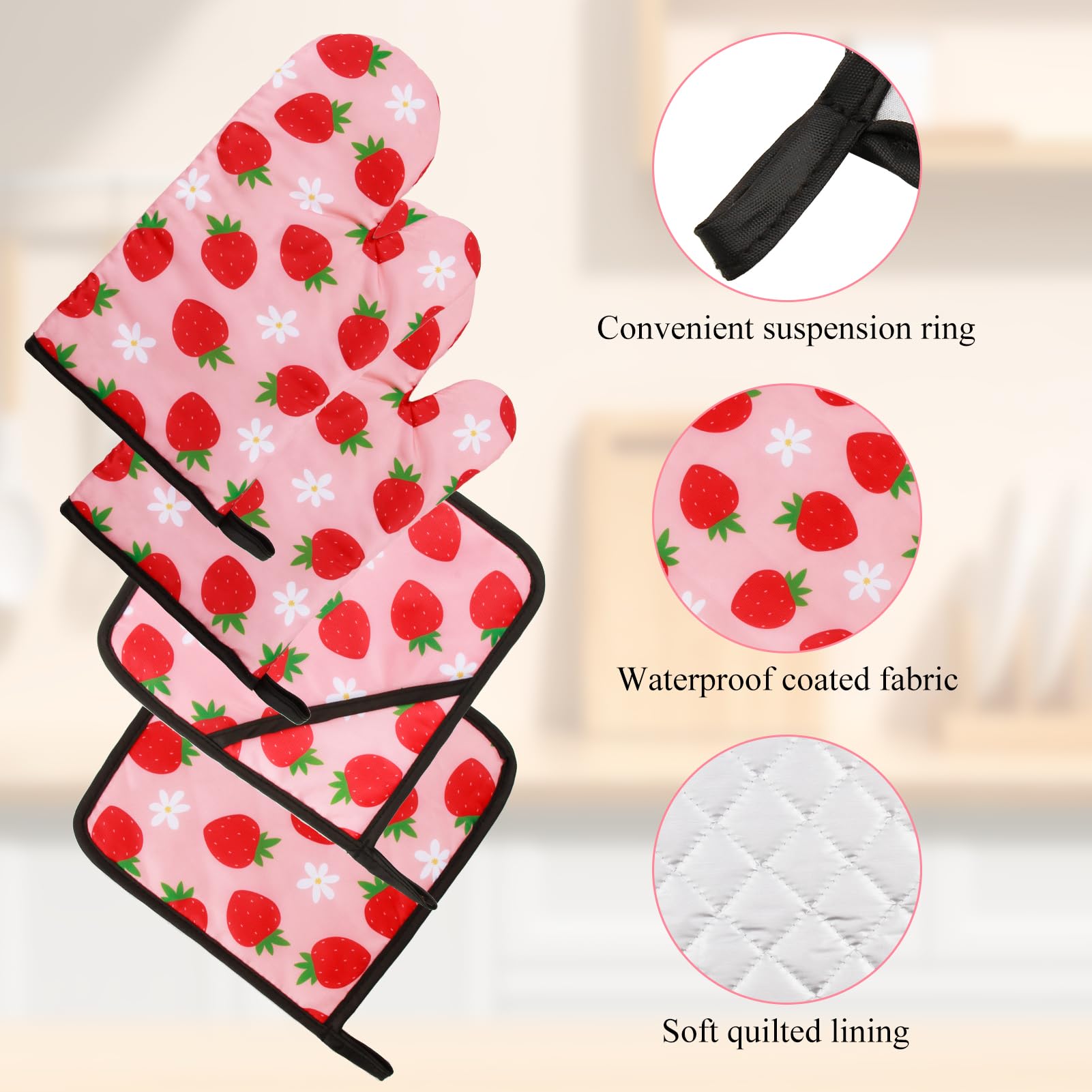 PSC - Juego de 4 manoplas de horno de fresa, decoración de accesorios de cocina de fresa, resistentes al calor para cocinar, hornear, asar a la parrilla y microondas