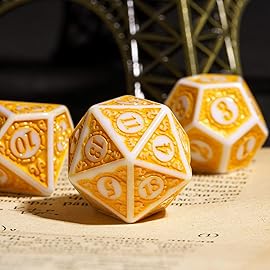 Poludie 7PCs DND Dice Set, Unique Window Lattice Pattern D&D Dice Set with Leather Die Bag, Polyhedral Die for RPG Table Games (Yellow/White)
