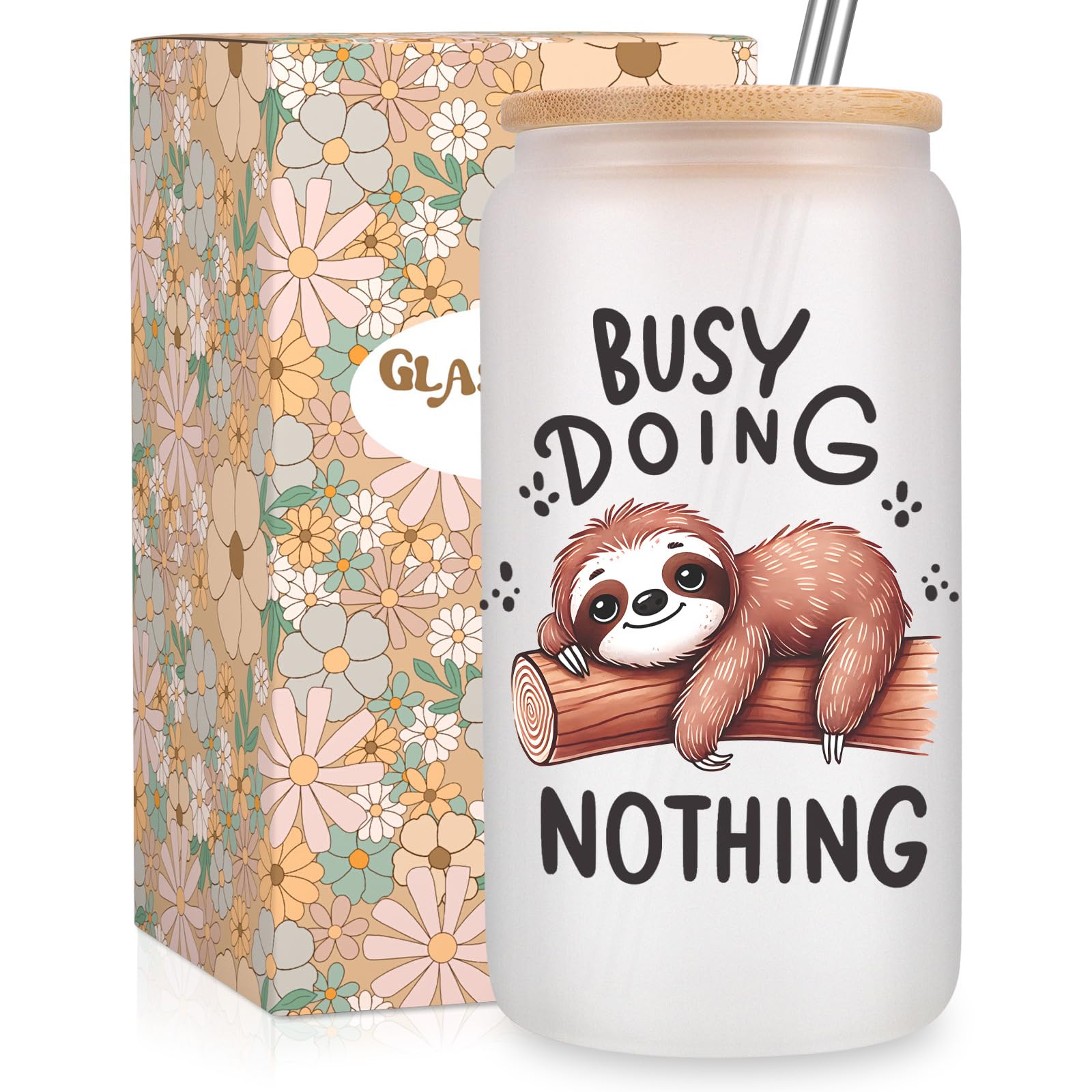 Fairy's Gift Sloth Gifts, Cute Glass Cup with Lid Straw, 16 oz Frosted Iced Coffee Cups, Cute Tumbler Stuff, Sloth Gifts for Women Girls - Birthday, Christmas Funny Presents for Coffee Lovers