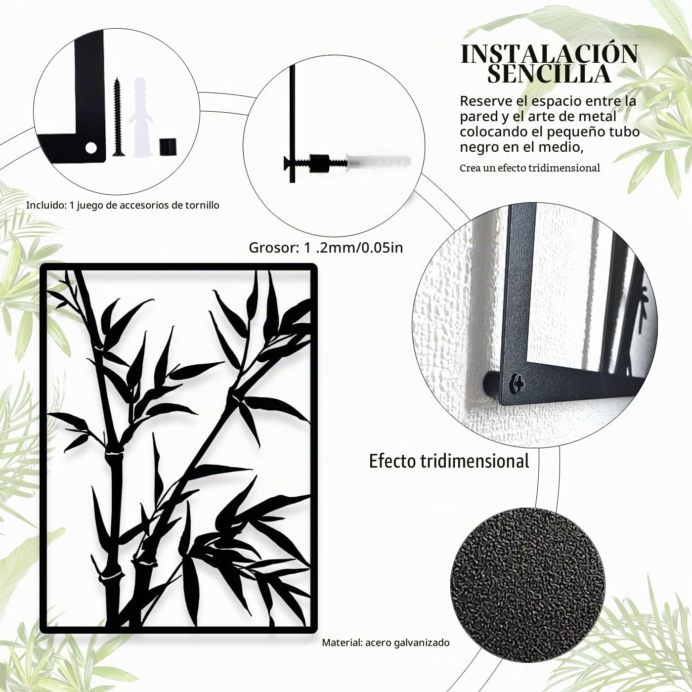 Pduoduo Decoración de pared de bambú grande, arte de pared de metal, letrero colgante de árbol, escultura de bambú para decoración de pared, paquete de 3 (total 127 x 56 cm)