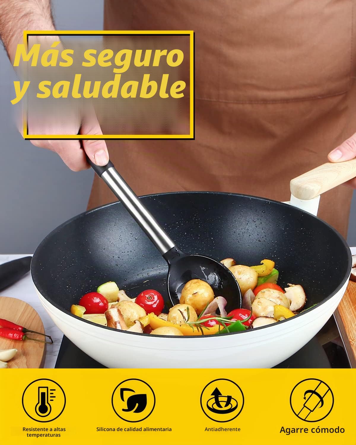 Paquete de 2 Cucharón de Silicona, Cucharas Grandes Solidas, Utensilios de Cocina para Mezclar, Cocinar, Servir y Freir Comida, Verduras, Salad（Negro）