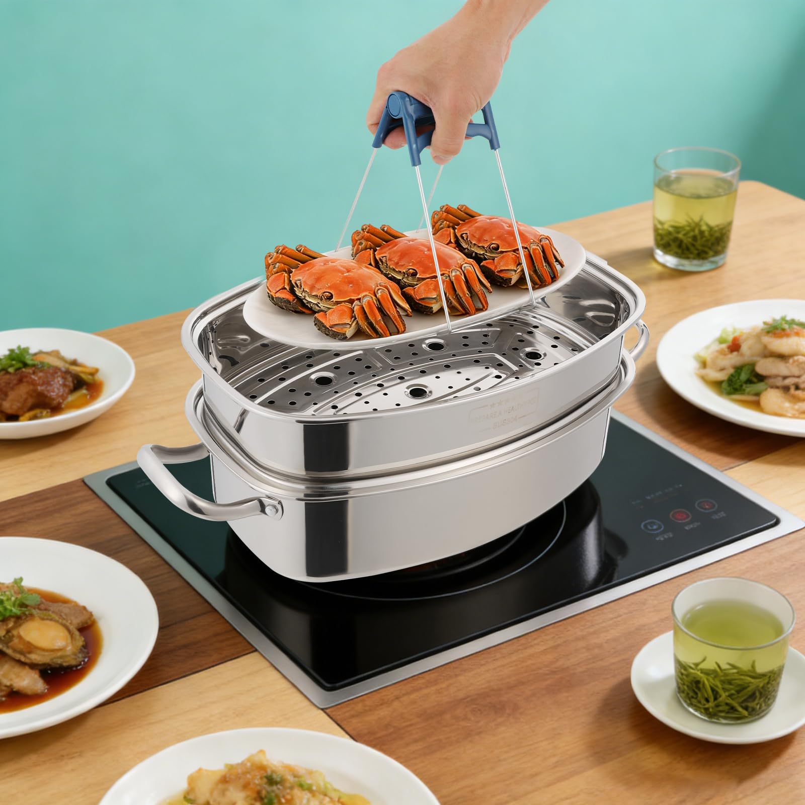 Dampfkochtopf aus 304 Edelstahl, 2-stöckig 6L Dampfgarer mit Dampfgitter & Dampfkorb, inkl. Zange Schutzhandschuhe Timer, kompatibel mit Gas Elektro Induktion, für Fisch Gemüse Suppen Nudeln