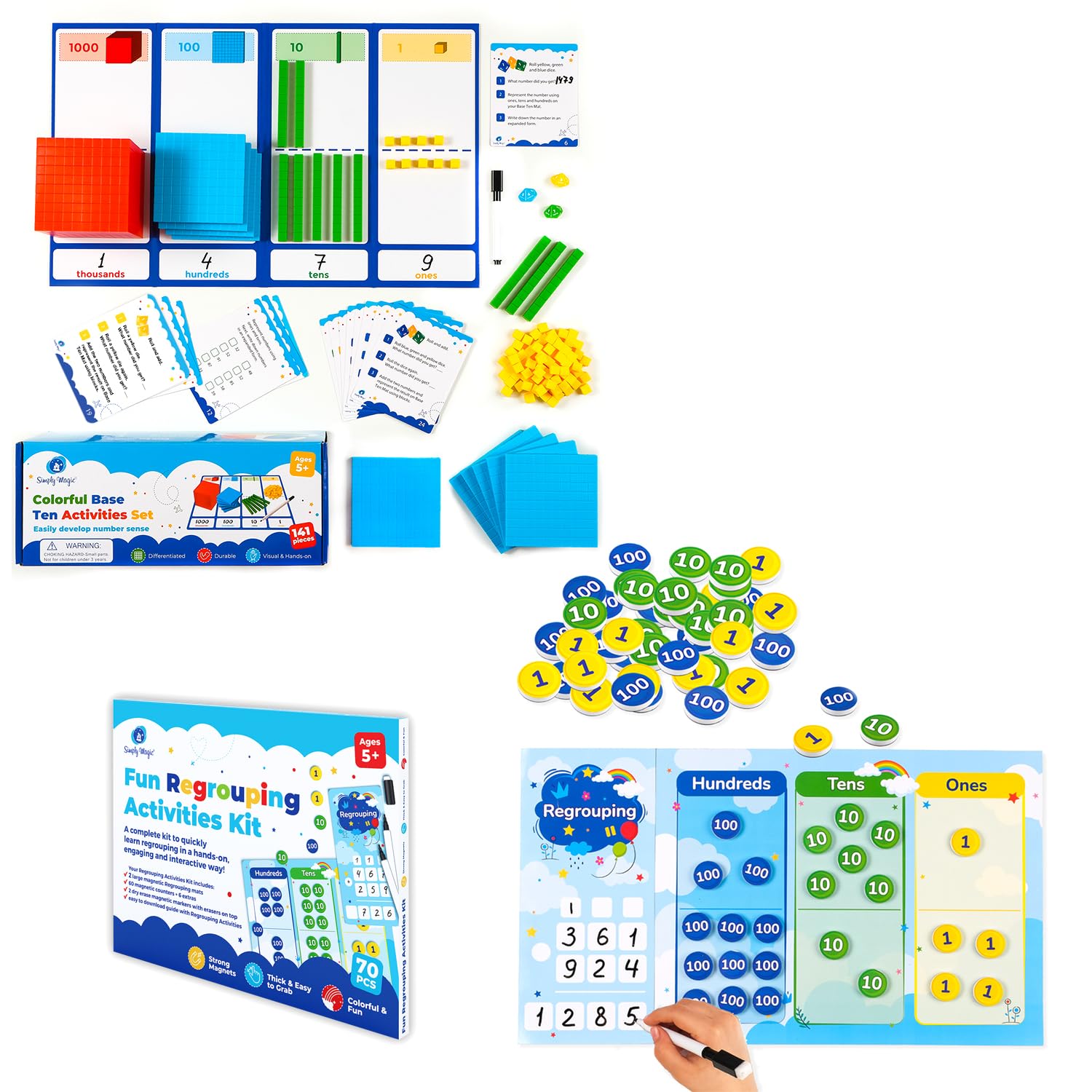 Simply magic 141 PCS Base Ten Blocks & 70 PCS Magnetic Regrouping Activities Kit for Math