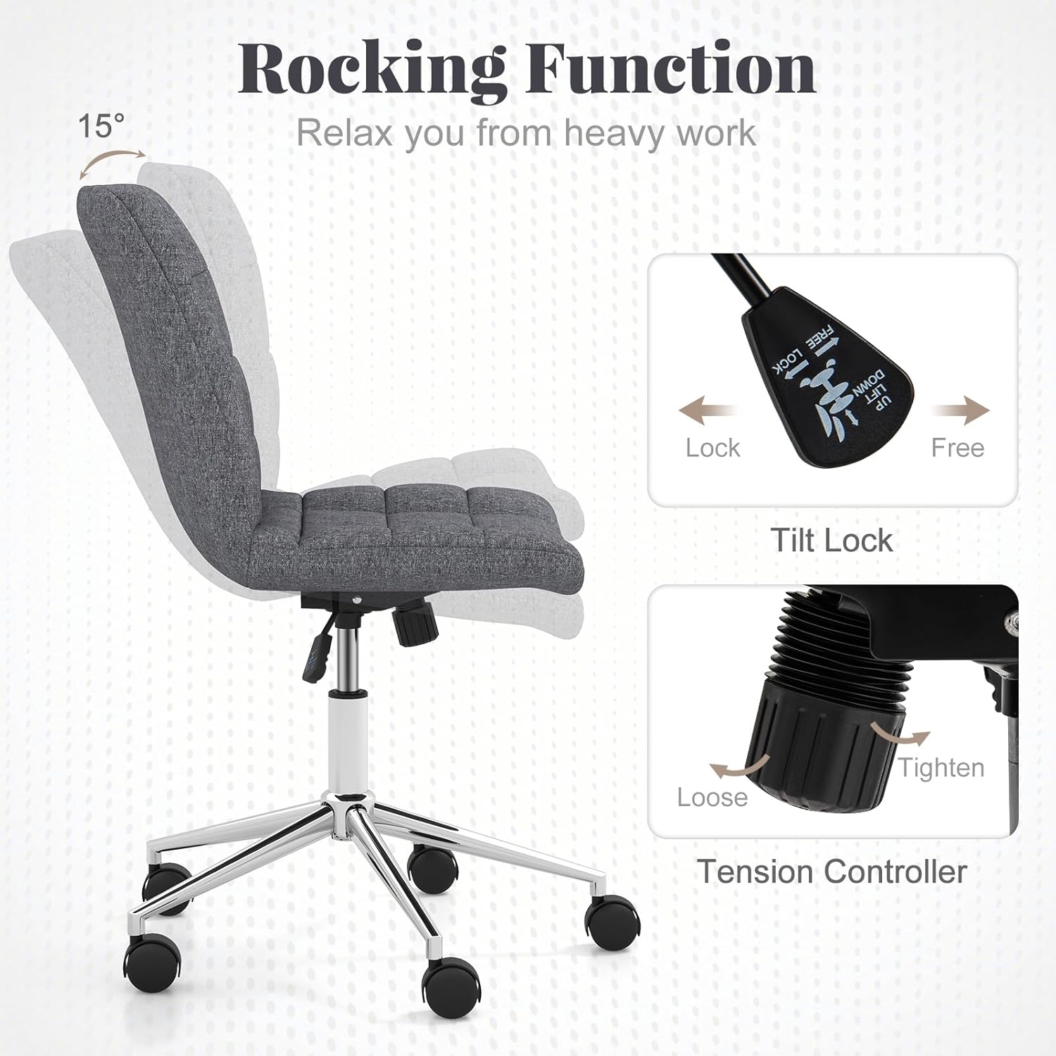 Giantex Armless Office Chair, Modern Faux Fur White Vanity Chair with Wheels & Adjustable Height, 360° Rolling Swivel Task Computer Seat, Home Office Desk Chair for Makeup Bedroom Small Space, Grey