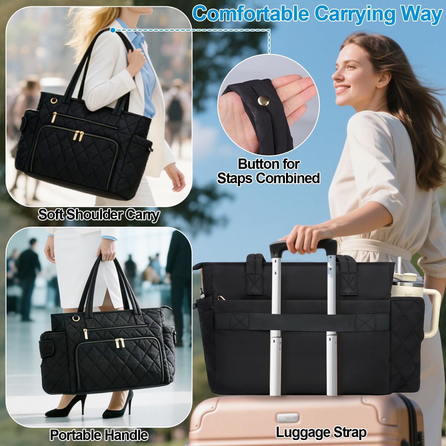 Work Laptop Tote Bags with Insulated Lunch Compartment& Clutch Purse, Lightweight Puffer Lunch Tote Bag with 15.6 Inch Laptop Compartment for Women Daily Business Office Teacher Nurse (Black)