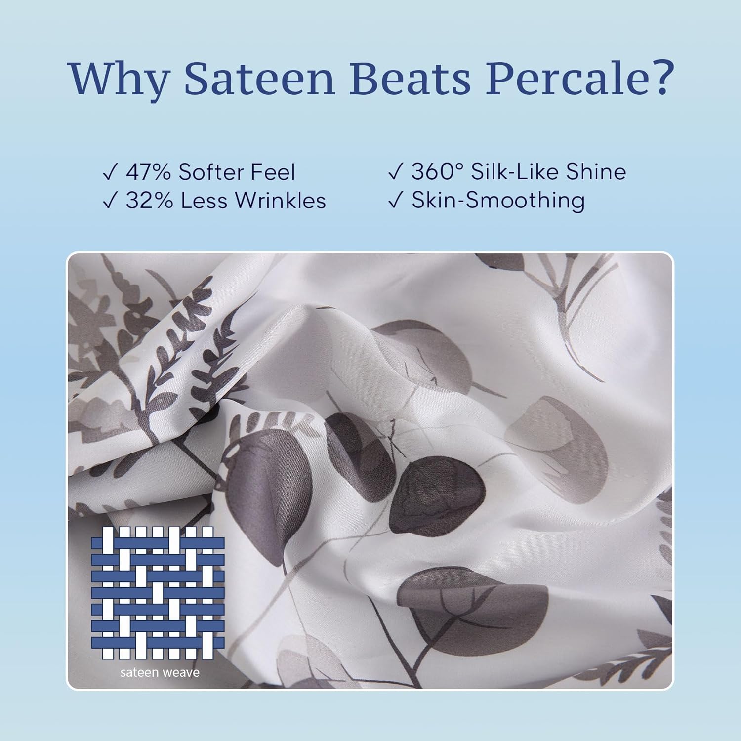 JSD 100% Cotton Floral Sheet Set Queen, 300 Thread Count Printed Sateen Sheets, Soft Breathable Cooling Bed Sheets Deep Pocket, Grey White - Image 4