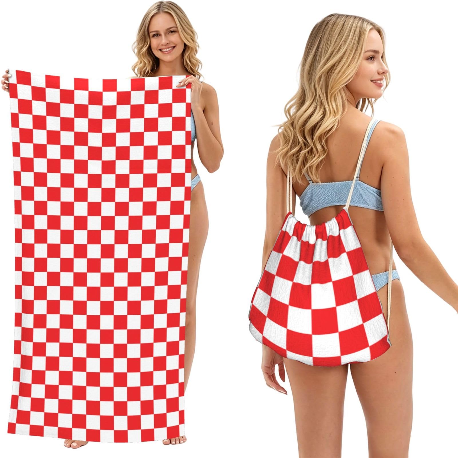 Poadnly As Picture Red And White Checkered Nature, 2 In 1 Packable Towel Bag, Beach Towels With Drawstring Backpack For Travel Holiday Camping