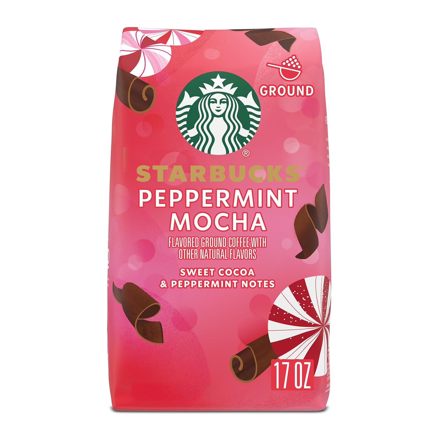 Starbucks Ground Coffee, Peppermint Mocha Naturally Flavored Coffee, 100% Arabica, Limited Edition Holiday Coffee, 1 Bag (17 Oz)