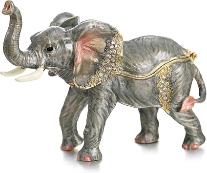 Hand Painted Enamel Lucky Elephant Trinket Box, Hinged Unique Mini Ring Necklace Jewelry Organizer, Classical Bejeweled Storage, Figurine Collectible Keepsake Home Decor Elephant-2