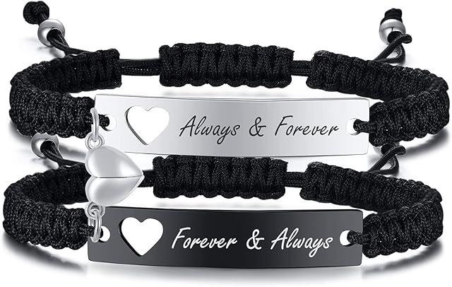 PJ JEWELLERY Magnetic Matching Bracelets for Couples - Personalised Stainless SteelBraided Rope Adjustable Mutual Attraction Couples Bracelets Distance Relationship Bracelet for Him and Her Soulmate