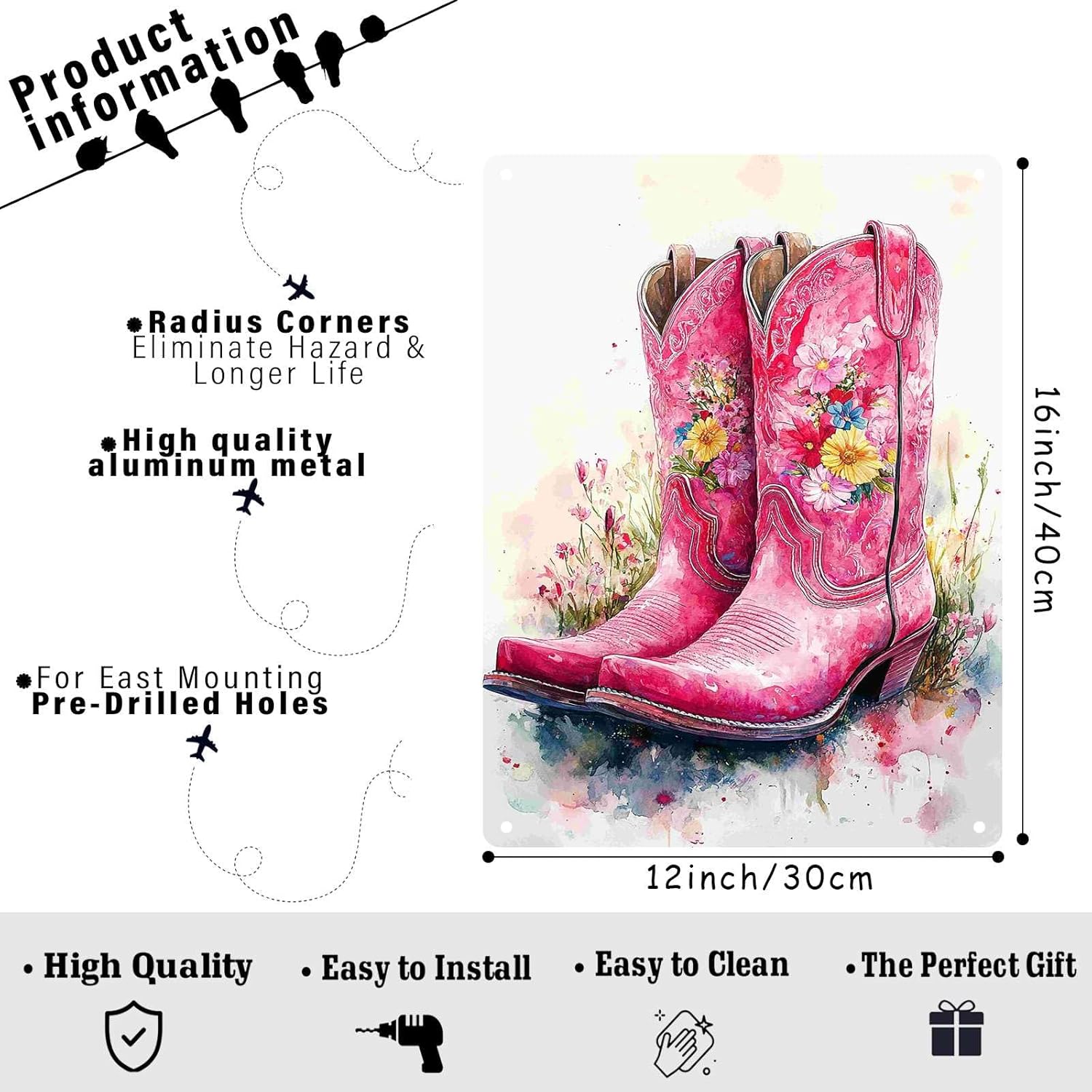 Aluminum Retro Tin Sign Pink Cowboy Boots Vintage Funny Cowboy Boots Iron Painting For Living Room Bed Room Office12.00"x16.00"