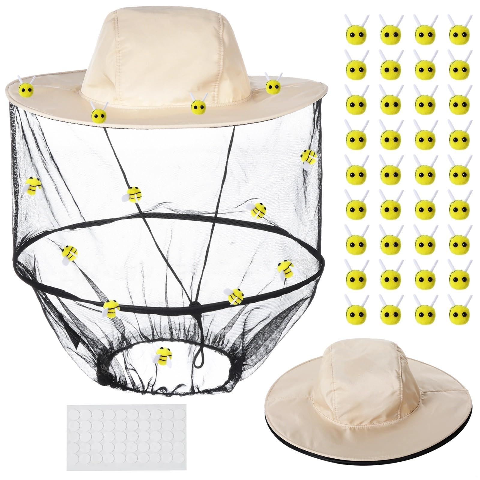 36 Filz-Bienen, Bienenhaltungshut und Schleier, Imkerhelm, 50 doppelseitige Bänder, 2 Stück Imkerhut, Kostüm-Set, niedliches Bienenhalter-Kostüm für Halloween-Mottoparty