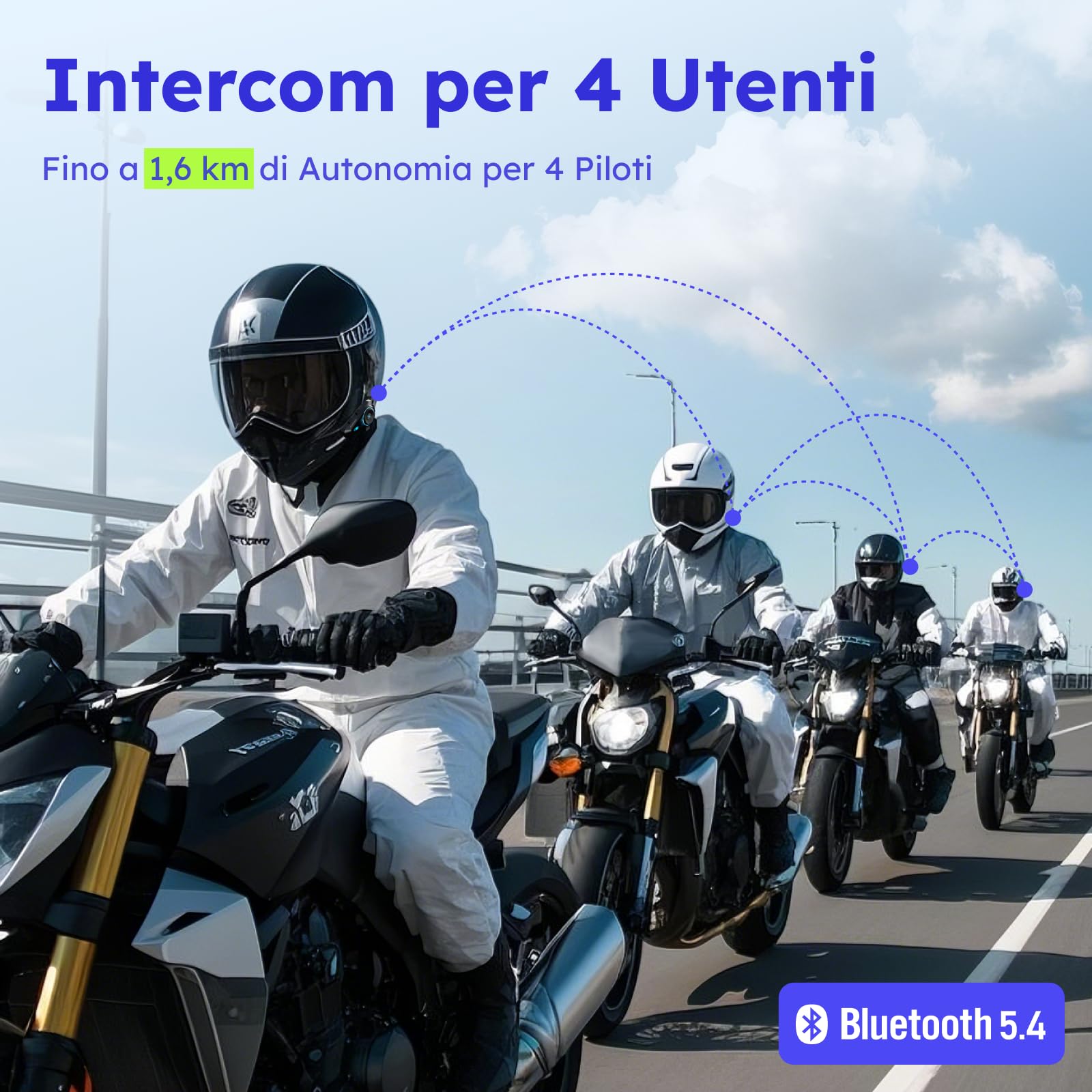 D10, cuffie Bluetooth per moto, citofono a 4 piloti, sistema di comunicazione del casco, V5.4, cancellazione del rumore ENC, controllo vocale AI, multitasking audio, radio FM, IPX7, adatto