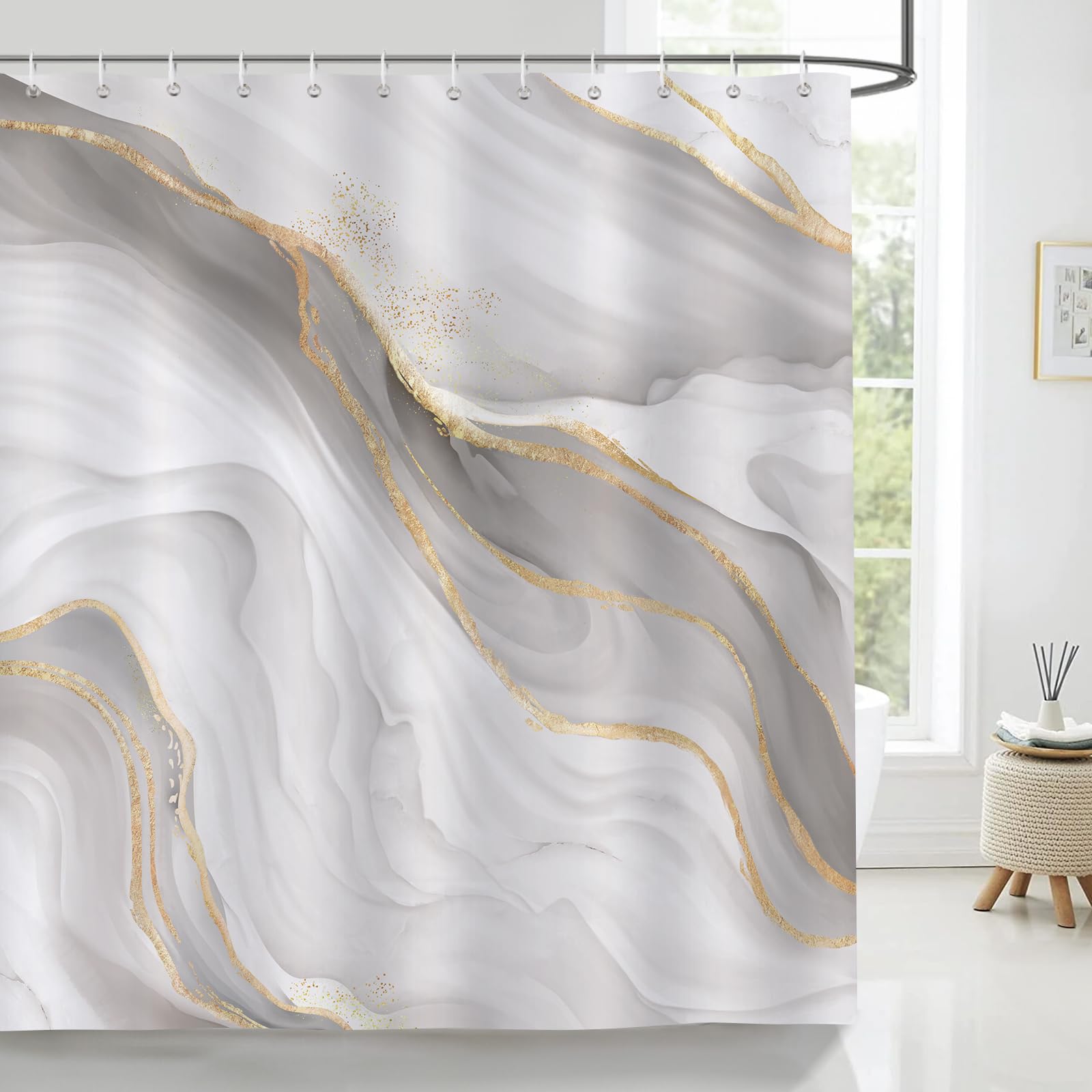 Bonhause Grey Gold Marble Shower Curtain, Ombre Grey Modern Abstract Art Bathroom Curtain 72x72 Inch Polyester Fabric Waterproof Bath Curtain with 12