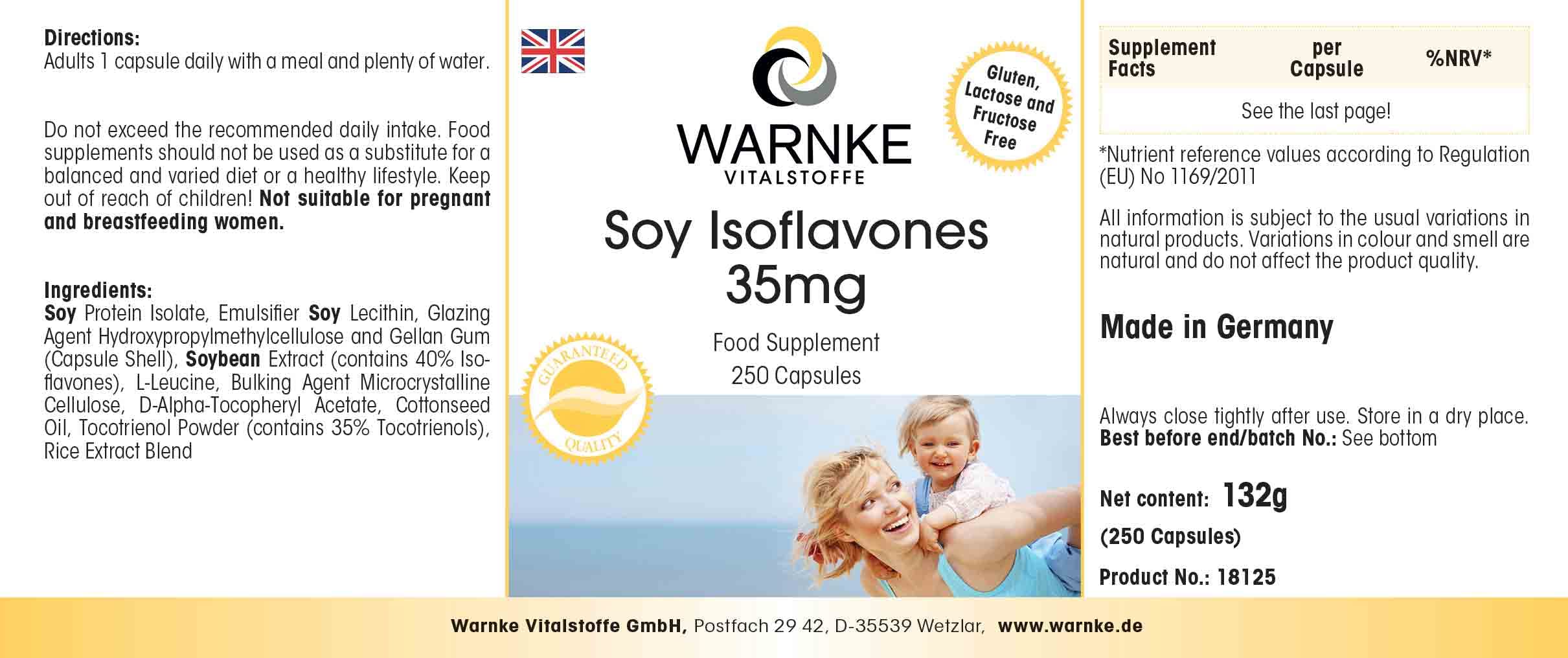 Isoflavoni di soia 35mg - Per la menopausa - 250 Capsule - Con vitamina E | Warnke Vitalstoffe - Qualità da farmacia tedesca