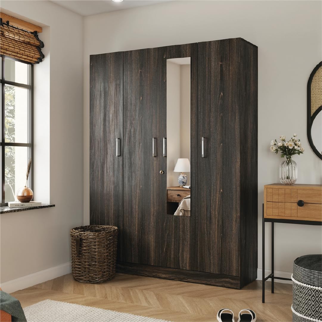 Wakefit Wardrobe for Bedroom | 1 Yr Warranty | Cupboard for Bedroom, Almirah, Wooden Wardrobe, Multi-Shelves with Mirror, Drawer & Hanger, Density:680โ750 kg/mยณ, Free Installation(Gingham- Drak Brown)