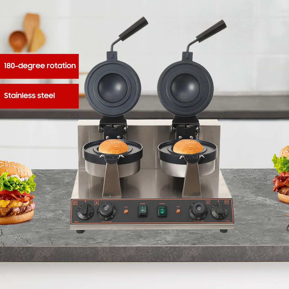 Elektrische UFO-Burger-Presse, 2600W Kommerzielle Doppelkopf-Burger-Maker | Eiscreme-Burger-Maschine, Antihaft-Hitze-Presse-Maschine, schnelle Erwärmung, für Haus Snack-Bar usw