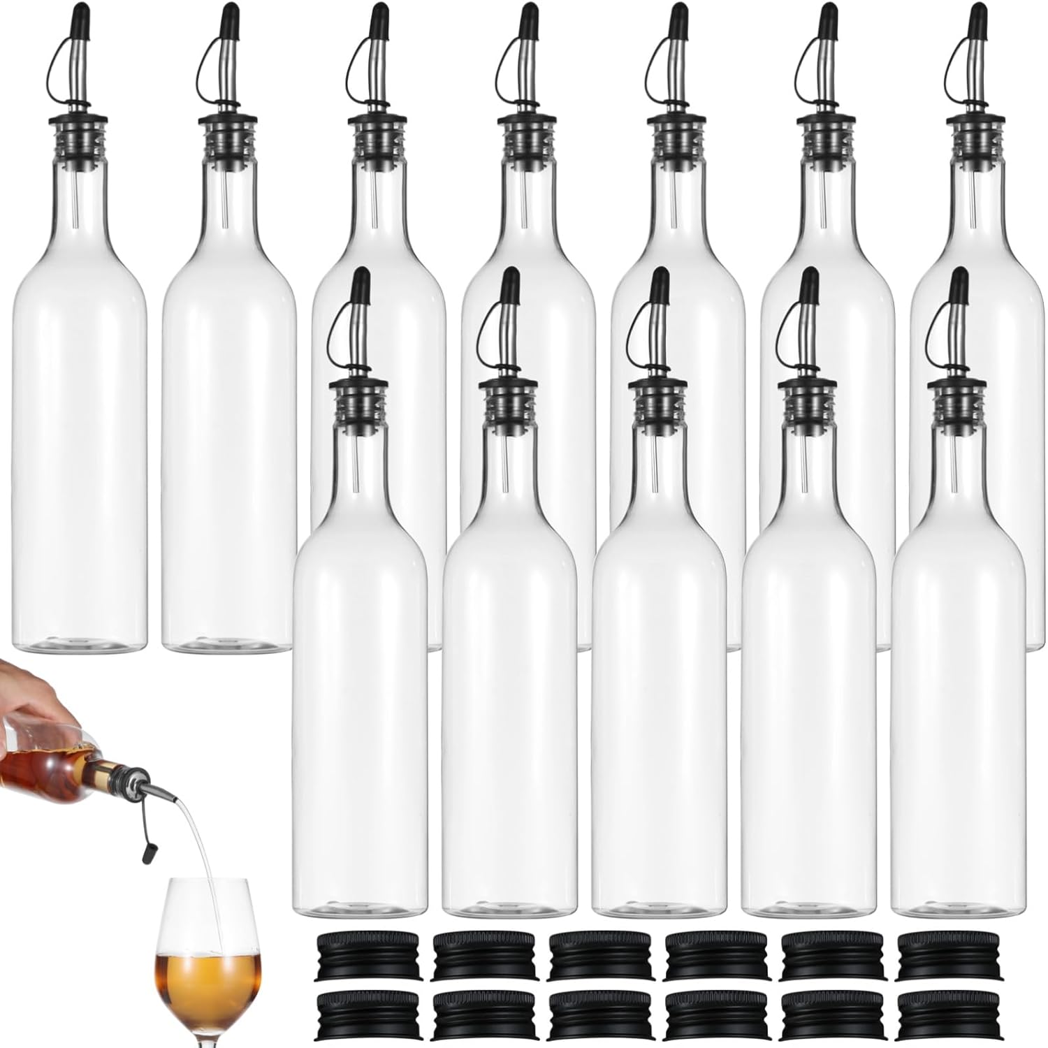 Lnrueg 12 Pcs 25 oz Plastic Liquor Bottles with Aluminum Lids and Stainless Steel Pourer - Clear Plastic Wine Bottle, PET Long Neck Refillable Bar Bottles for Home, Bar, Beverages