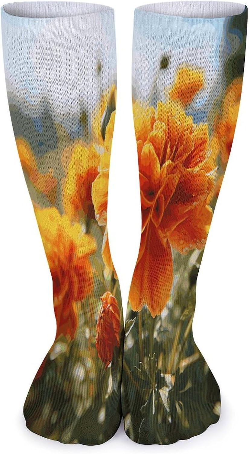 Marigold Flower Autumn Flowers Crew Socks Cozy Casual Calf Socks Lightweight Long Work Sock Breathable Athletic Sock for Hiking Sports Running 5 Pairs