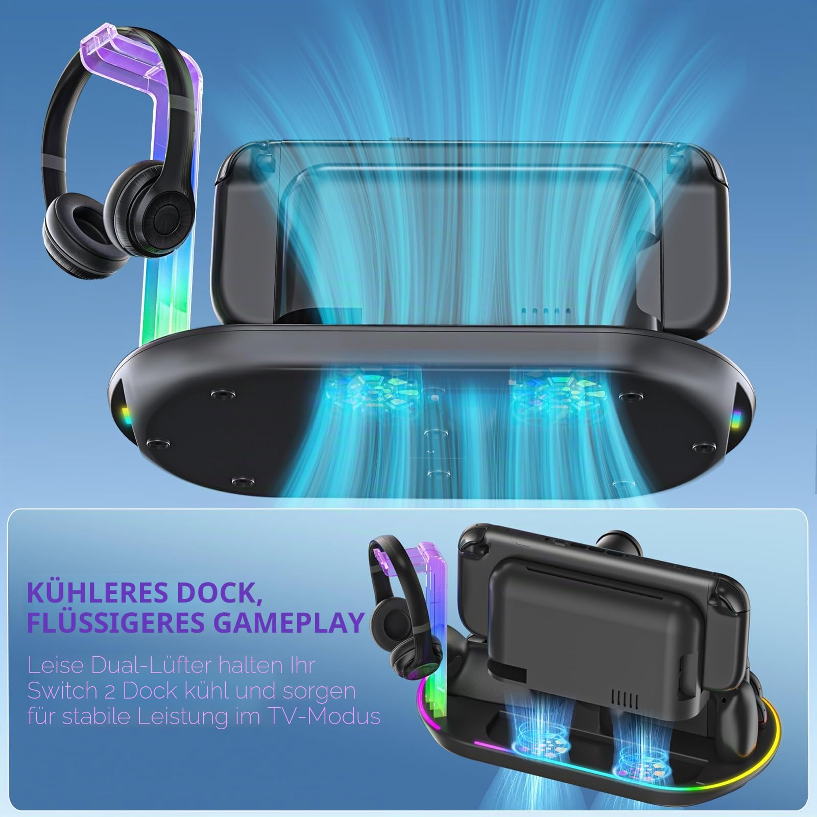 Ladestation für Switch 2 mit Lüfter DOBEWINGDELOU Controller-Ladegerät für JoyCons und Pro Dock-Ständer mit RGB-Beleuchtung 2 USB-Anschlüsse 7 Spielkartensteckplätze LED-Anzeigen