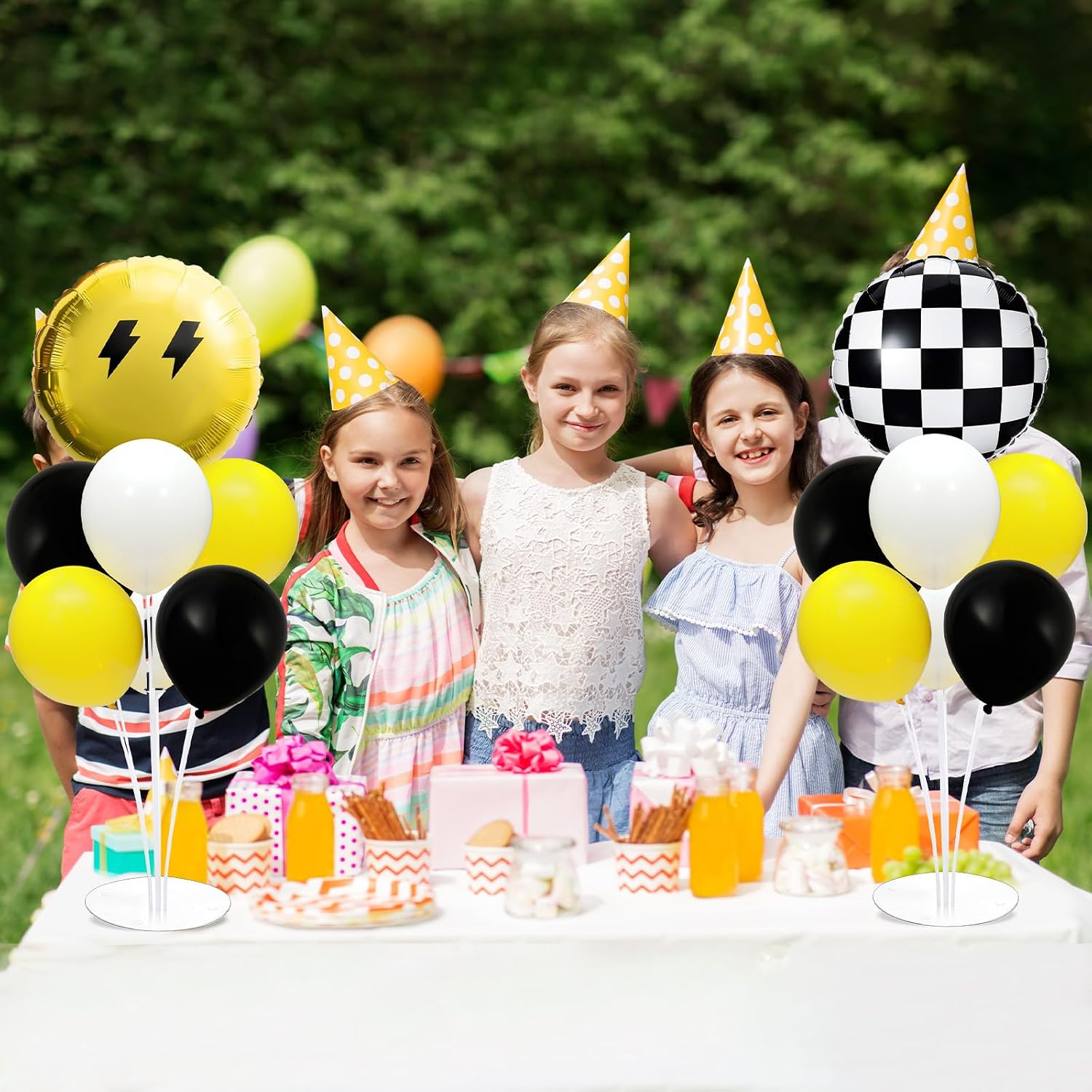 Smile Party Balloons Stand Kit 2 Sets with 2 Black White Checkered Foil Balloons Happy Face Themed Party Balloon Centerpiece for Tables for Baby Birthday Party Yellow Smile Face Themed Decorations