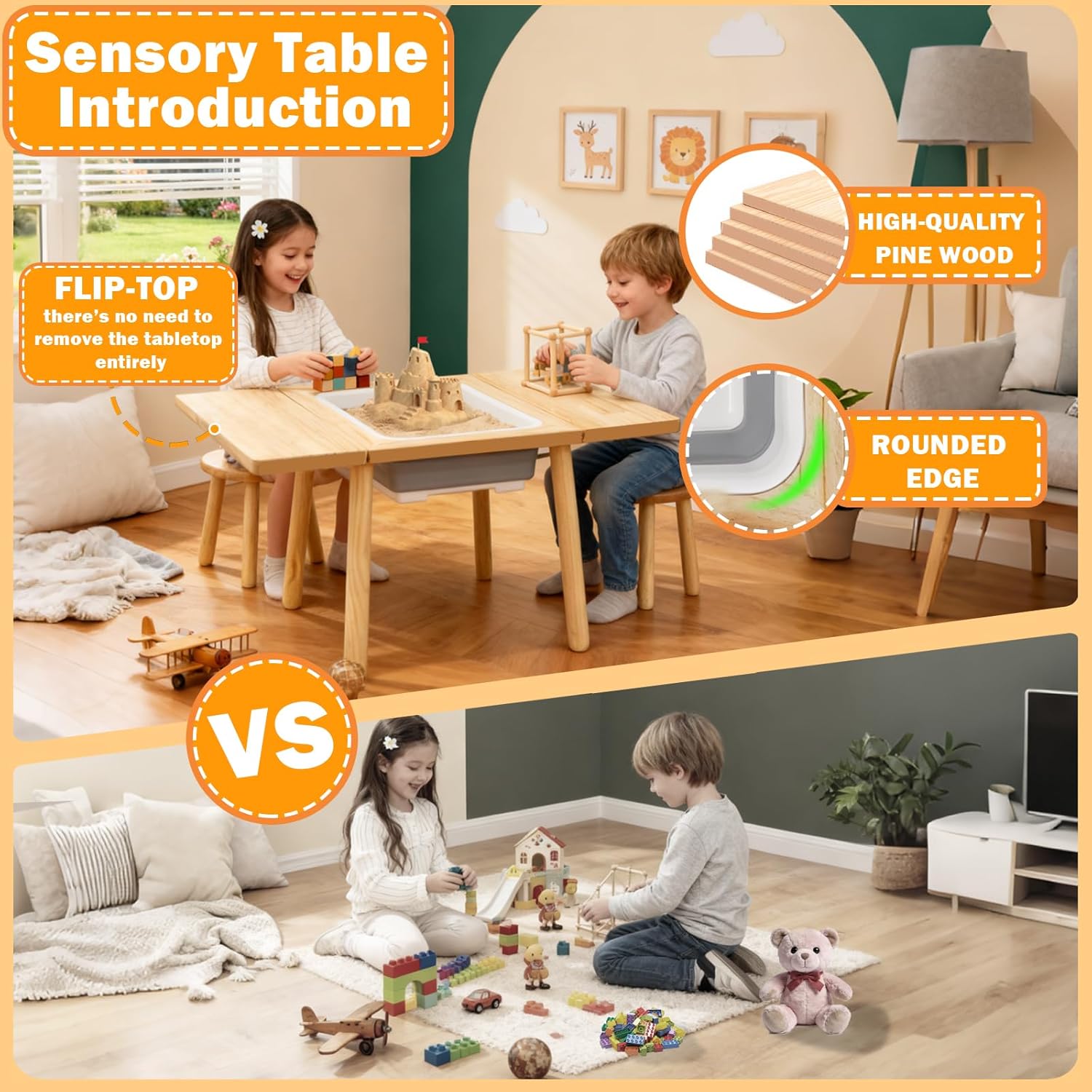 Wooden Sensory Table for Toddlers 1-3, with a Flip-Adjustable Desktop, Kids Table with Storage Bins, A Festive Gift Suitable for Both Boys and Girls