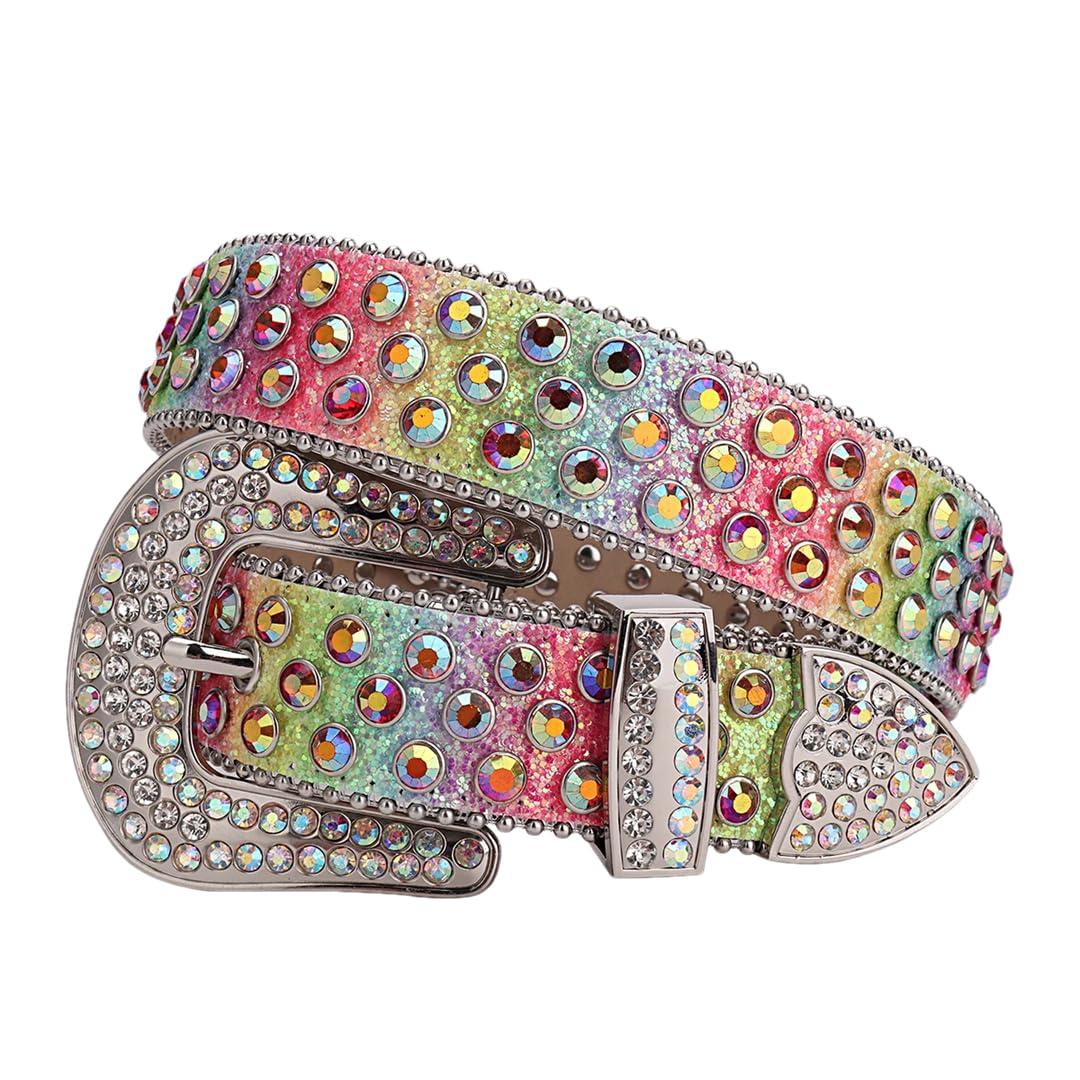 Women’S Fashion Unisex Rhinestone Western Buckle Rainbow PU Leather Belt For Jeans Party