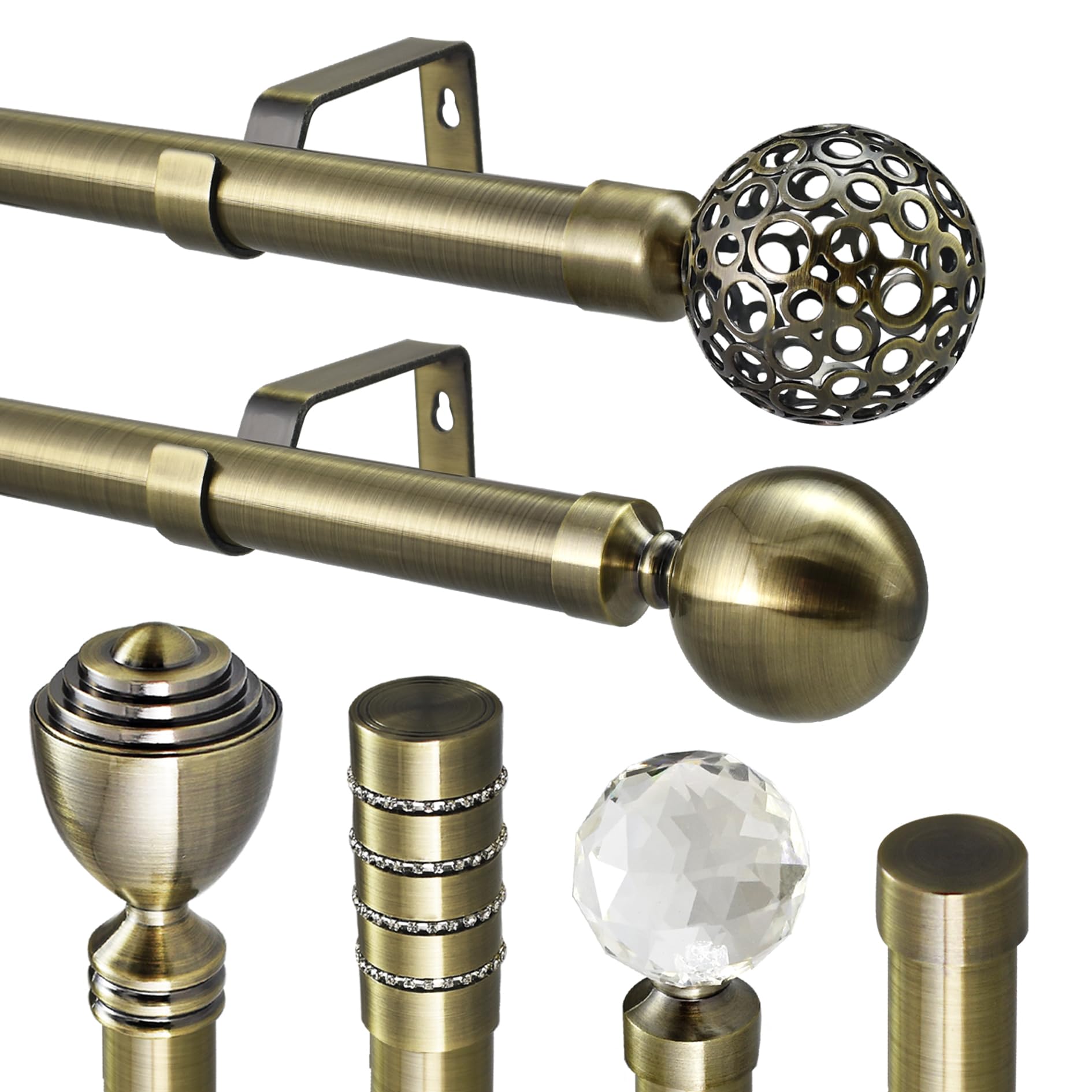 Extendable Antique Brass Curtain Pole Rod 28mm with Large 60mm Finials and Fittings (Antique Brass Riga, 0.7-1.1m Extendable Pole)