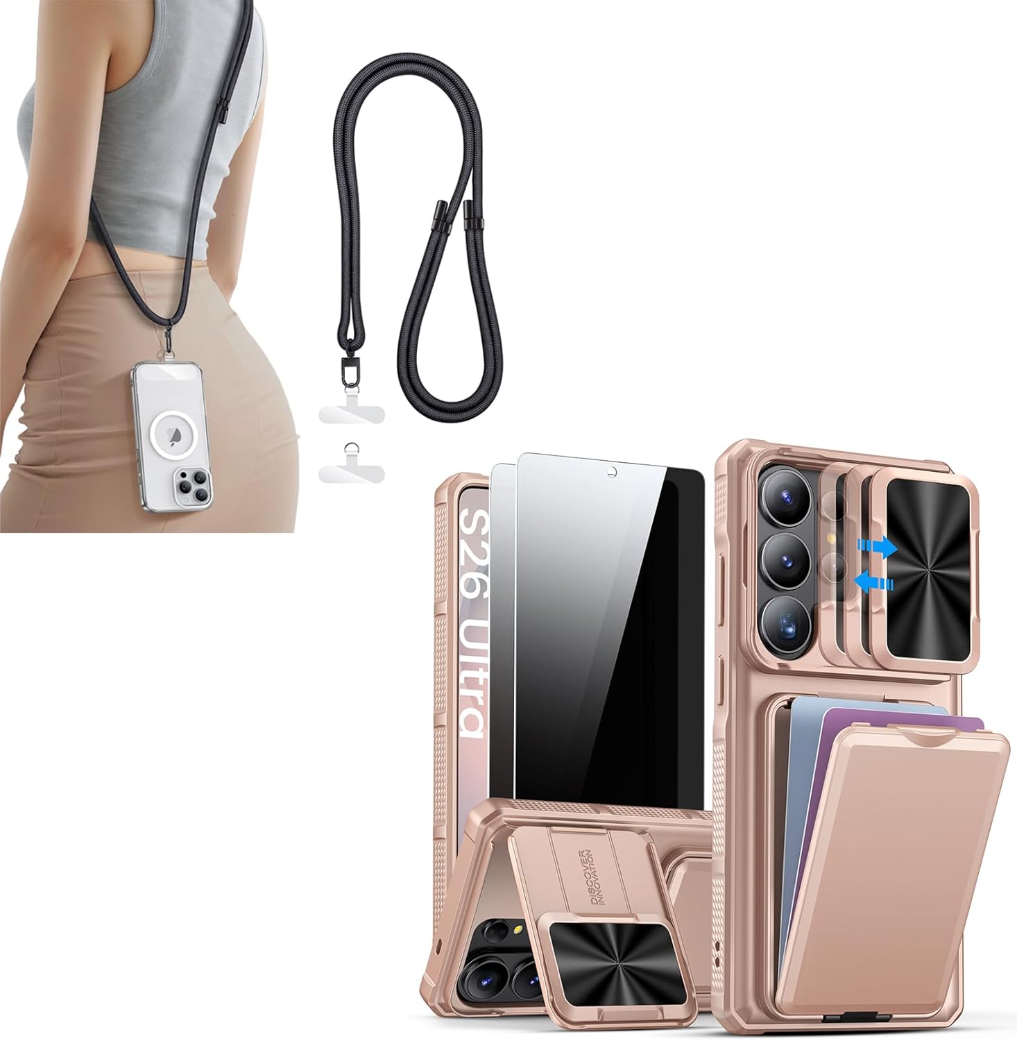 SSLOTSCASE for Samsung Galaxy S26 Ultra Case with 2X Privacy Screen Protector, Anti-Scratch Full Coverage, Phone Lanyard Crossbody with 2X TPU Clear Tabs, Adjustable Anti Theft Strap