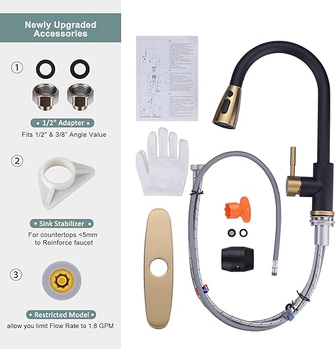 Vista 188 de WOWOW - Grifo de cocina cromado con rociador, grifo de fregadero de cocina extraíble de acero inoxidable con placa de cubierta, grifo de cocina