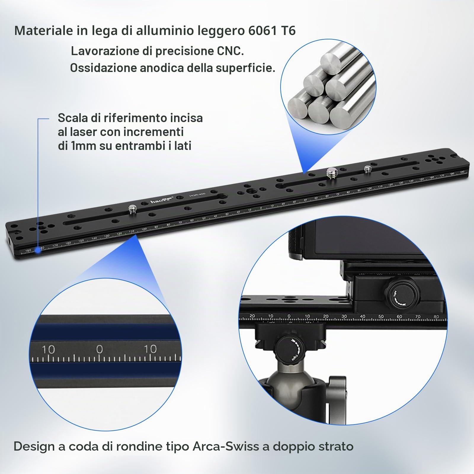 Haoge HQR-400 400 mm Piastra a sgancio rapido multiuso, prolunga, guida scorrevole per treppiede, morsetto a testa sferica, compatibile con Arca Swiss