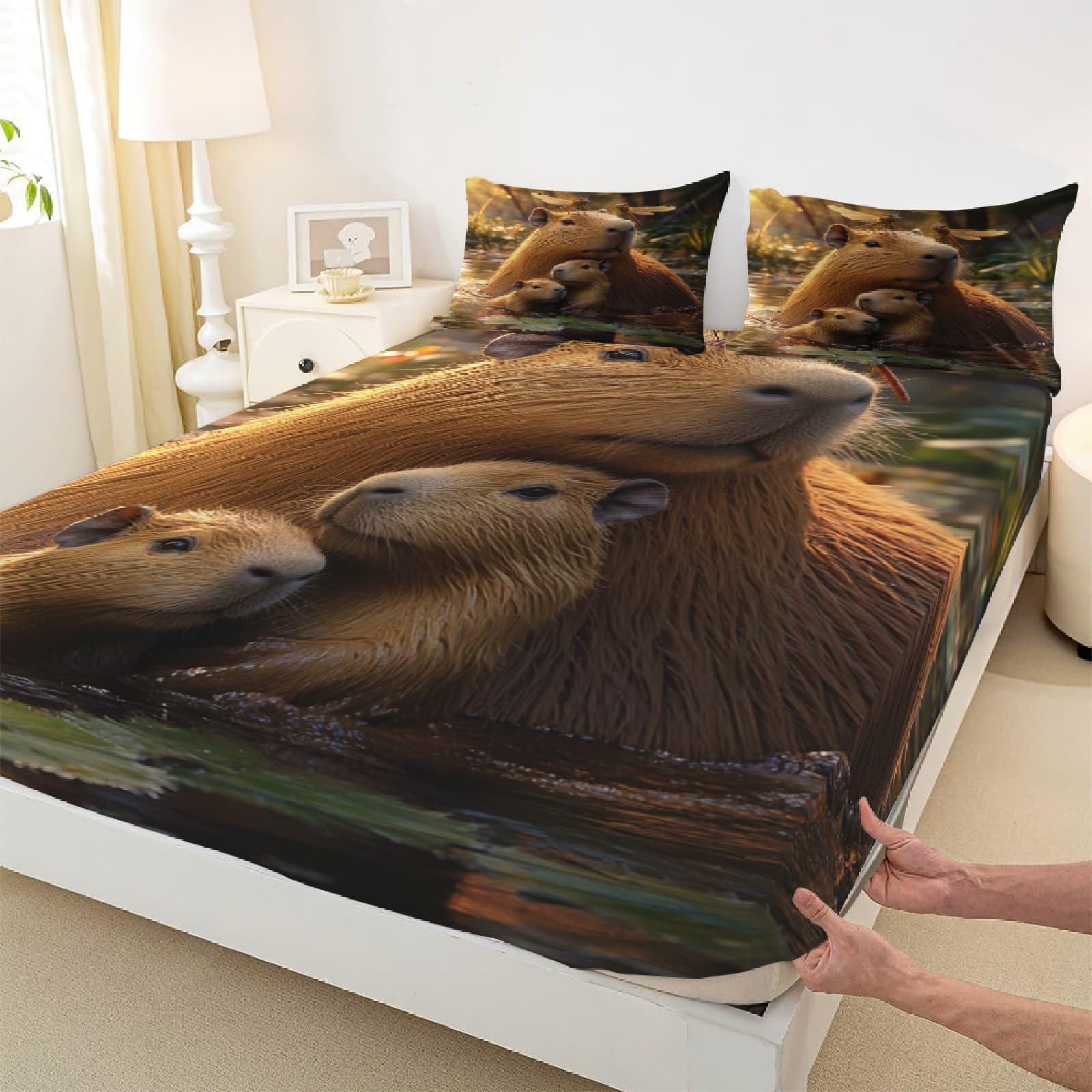 Carina Famiglia di Capibara Lenzuola Matrimoniale Set di Biancheria da Letto Marrone Lenzuolo con Angoli, Coprimaterasso 180x200x30 cm Microfibra Morbido e 2 Federe per Matrimoniali