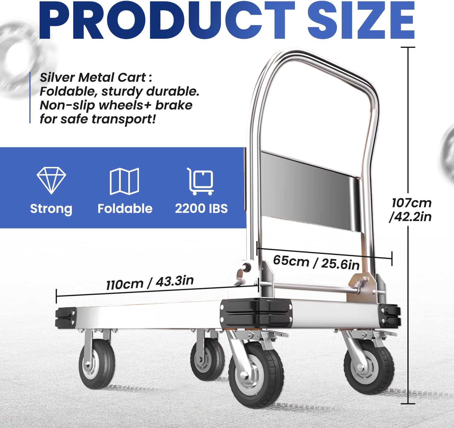 Heavy Duty Platform Truck with 6-Inch Brake Silent Wheels, Foldable Push Cart with Detachable Steel Wire Fence, Flat Hand Trucks for Gardens, Warehouses, Workshops (43.3 * 25.6 * 42.2in)
