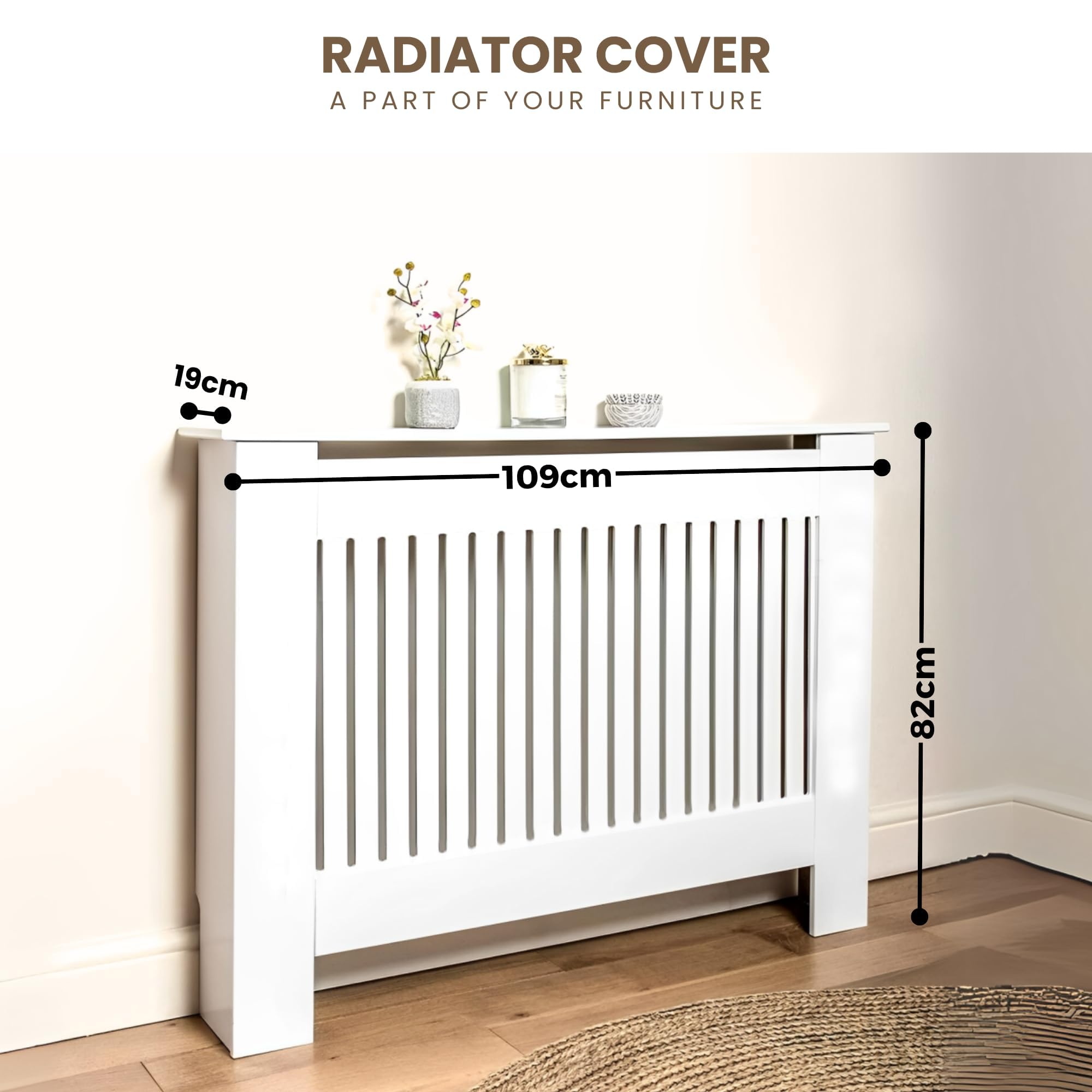 Cache Radiateur MDF Blanc avec Étagère et Lattes, 103x82x19cm