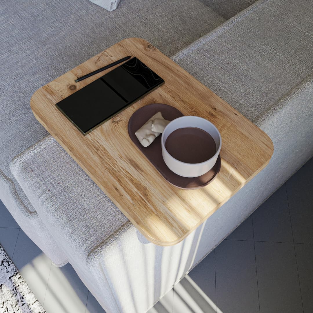 sugodesign Sofatablett Armlehne, Couch-Tablett, Einstellbarer Sofa-Tablett, Getränkehalter, Sitzgarnitur Ablage, Holz-Optik