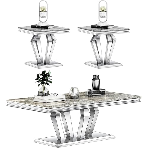 Living Room Table Set, 3-Piece Table Set Includes Coffee Table & 2 End Tables, Gray and Silver Coffee Table Set for Home Apartment Office