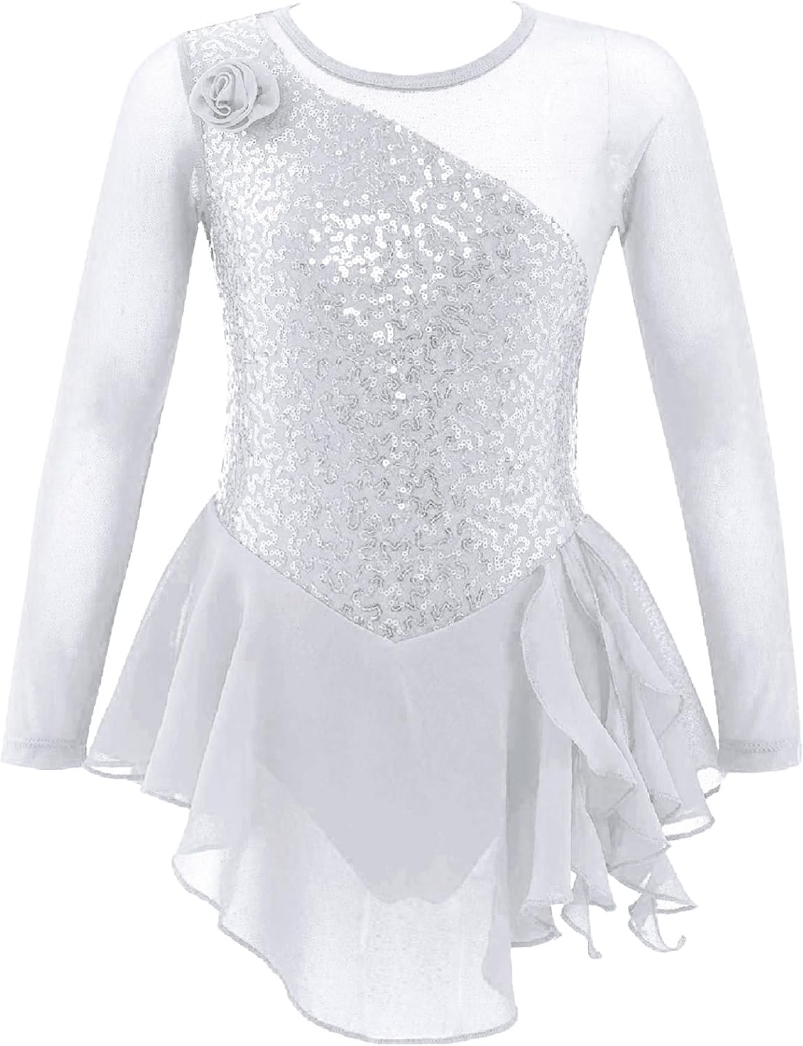 Girls' Ice Figure Skating Dress Long Sleeve Shiny Sequins Mesh Skirted Leotard Dresses with Hair Tie Dancewear