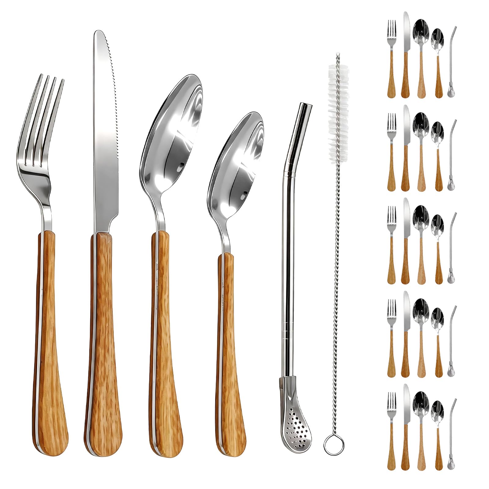 Daily Treasures Faux Wooden Handle Cutlery Set for 6,with Straw Spoons