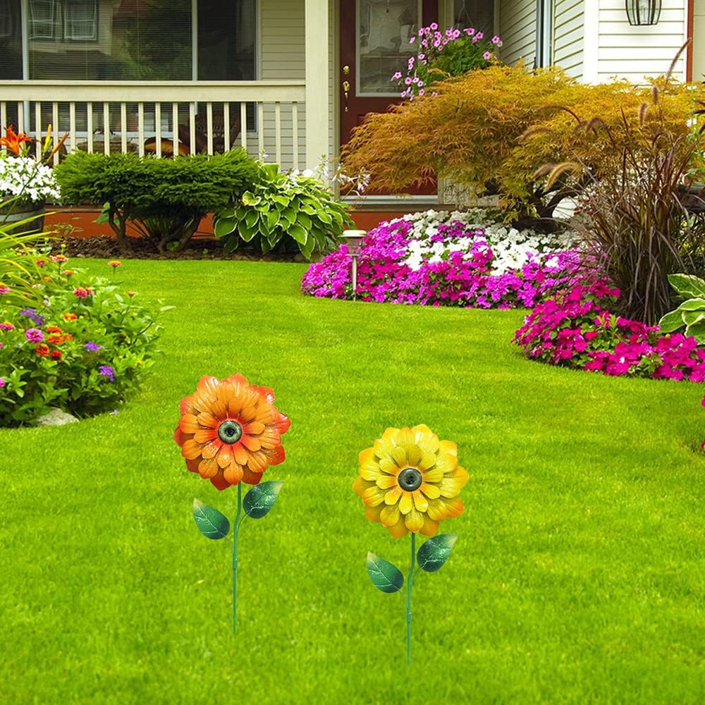 YEAHOME Garden Decor for Outside, 2 Pack 26'' Flower Garden Stakes for Spring Decor, Metal Flowers with Shaking Head Yard Art for Outdoor Lawn Backyard Patio Decorations (Tangerine, Yellow)