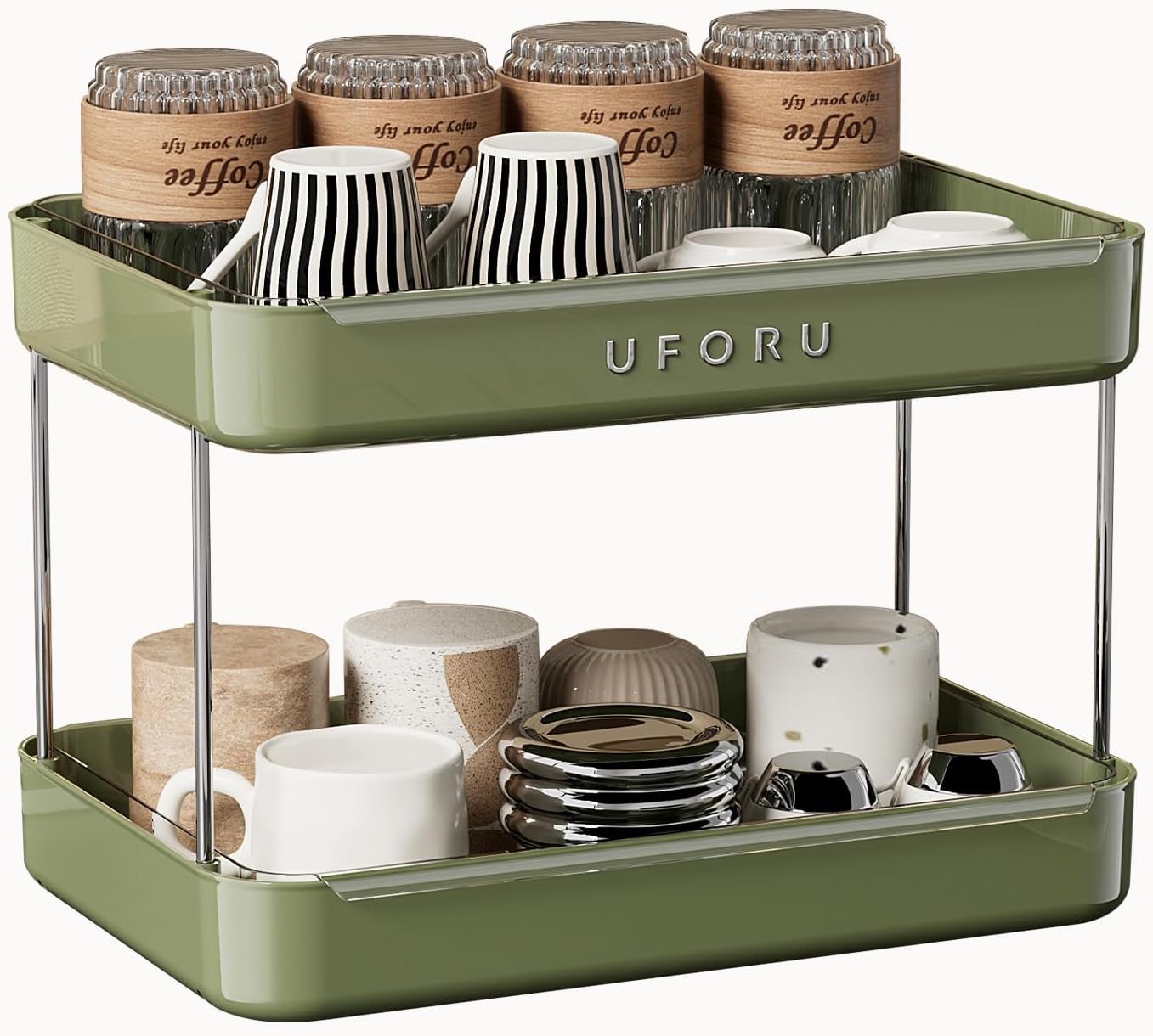 Countertop Coffee Station Organizer | 2-Tier Whisky Glass Tray, Mug Drying Shelf with Removable Drain Tray - Easy to Install, Clean - Spice Rack for Kitchen, Bathroom Counter Organzier