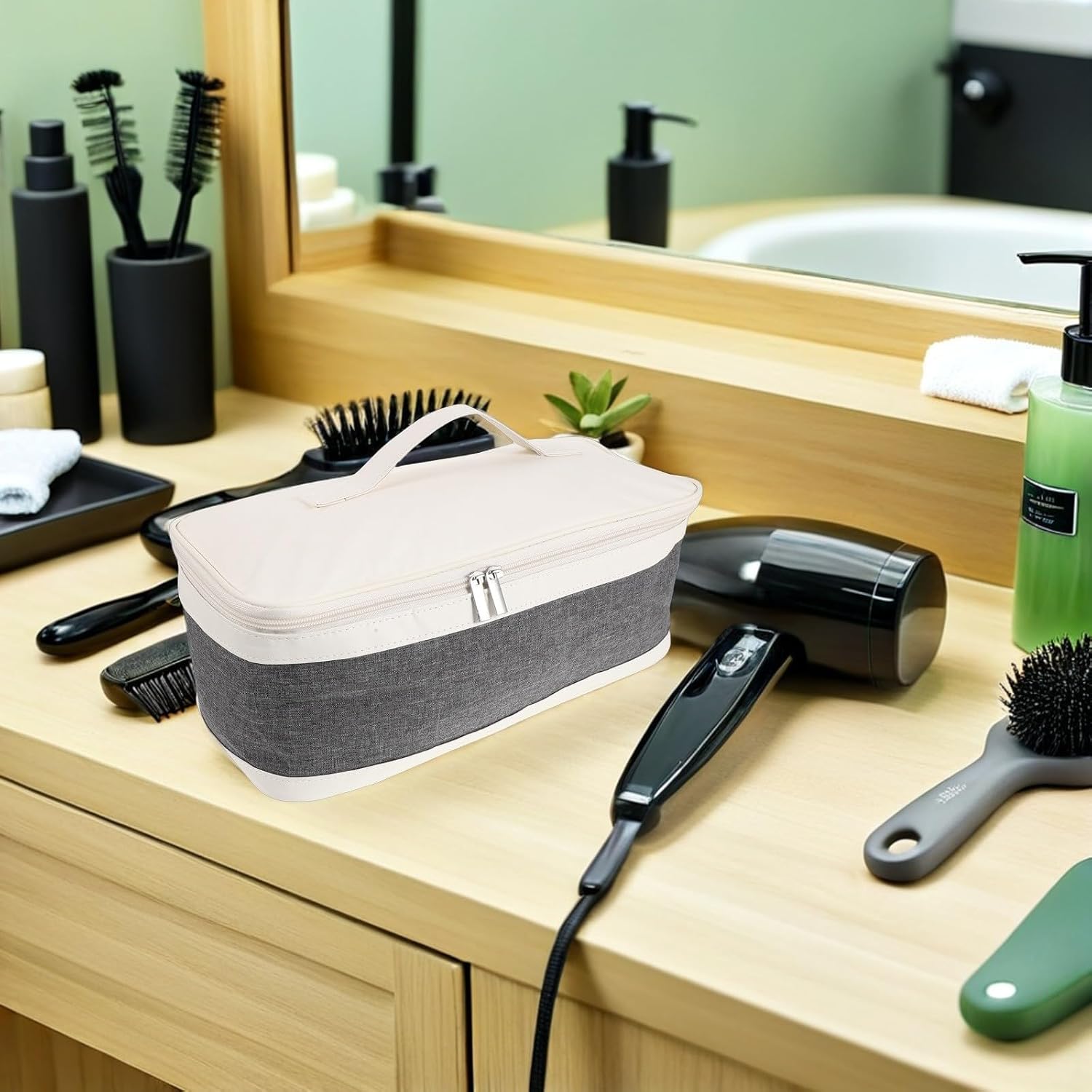 Travel Hair Dryer Storage Organizer Bag with Dual Functionality Cloth and Pu Leather Material Sleek Look Flat Hair Tools Case for Travel