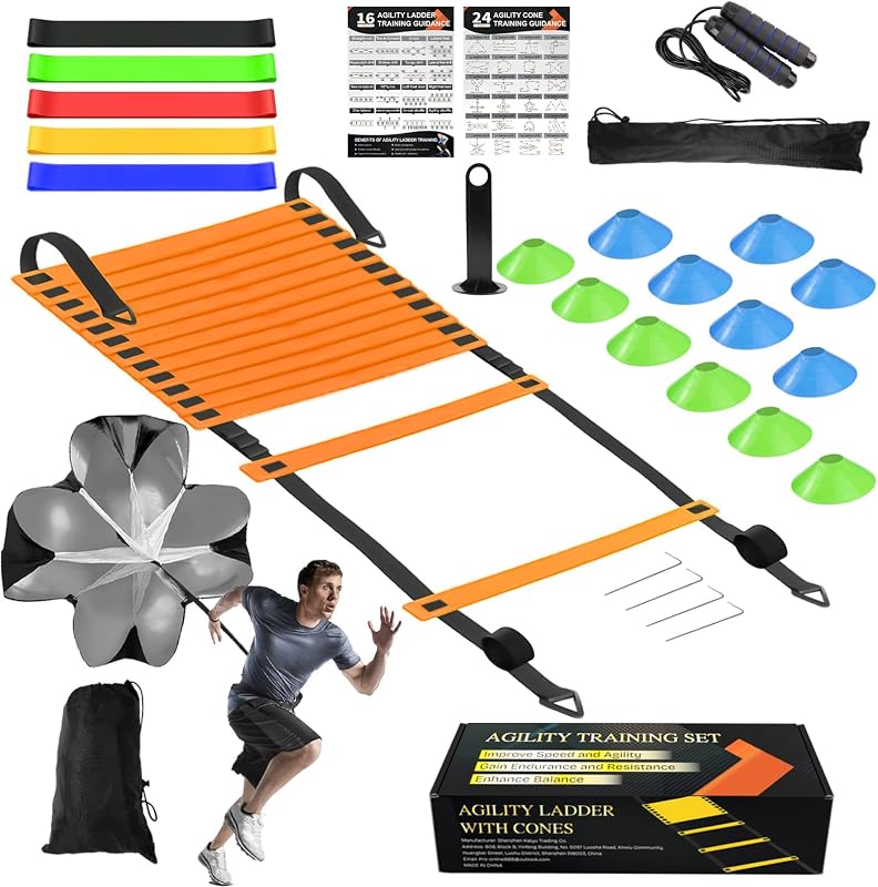 Juego de equipo de entrenamiento de agilidad y velocidad, escalera de agilidad de 20 pies, 12 conos de fútbol, ​​paracaídas de resistencia/entrenador de patadas de fútbol, ​​cuerda para saltar, 5 bandas de resistencia, equipo de práctica de fútbol para niños y adultos